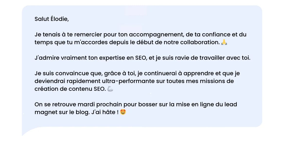 Messaggio di ringraziamento su LinkedIn da parte di un dipendente al proprio manager o coach