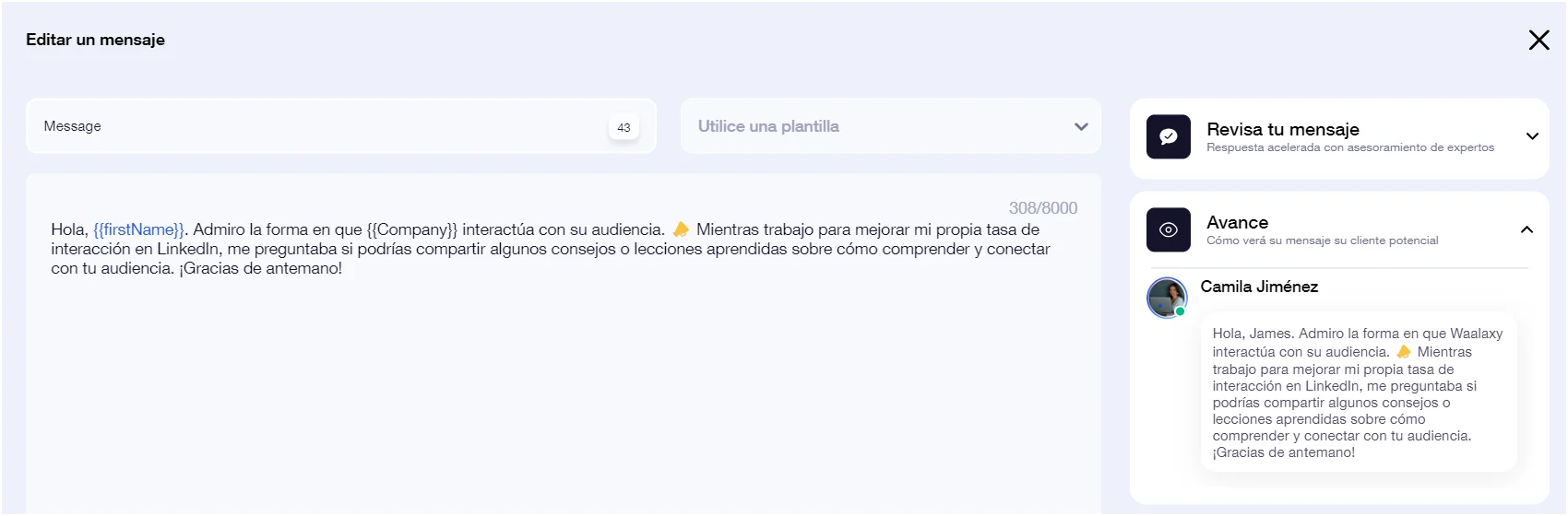 Interface édition message Waalaxy