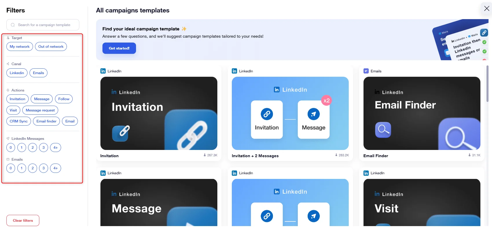 Panneau de filtrage et galerie de modèles de campagnes LinkedIn avec options d'actions (invitation, message, visite) et canaux disponibles.