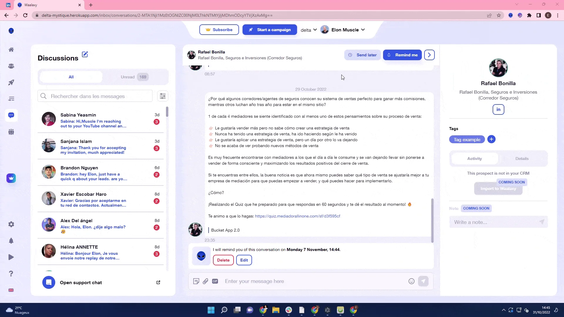 Messaging application web page with conversations in progress, profiles and navigation options.