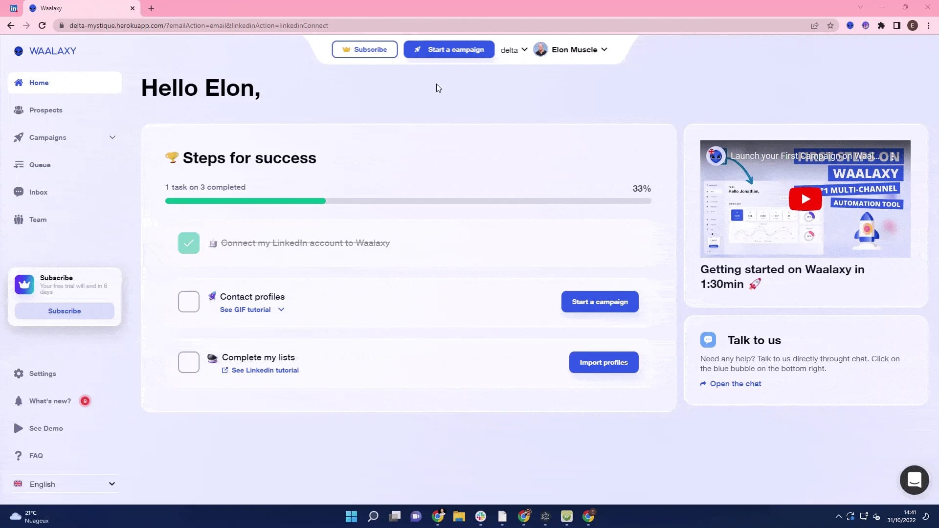 Waalaxy web page, invitation to connect LinkedIn account, tasks to complete for success.