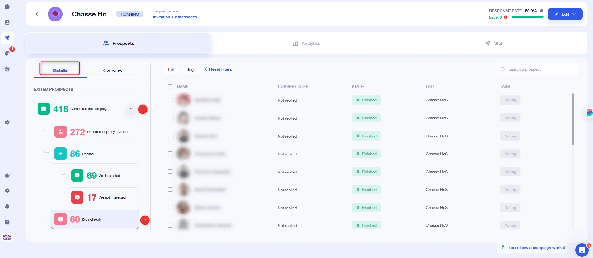 Page web d'interface utilisateur avec des statistiques, des listes et des boutons interactifs.