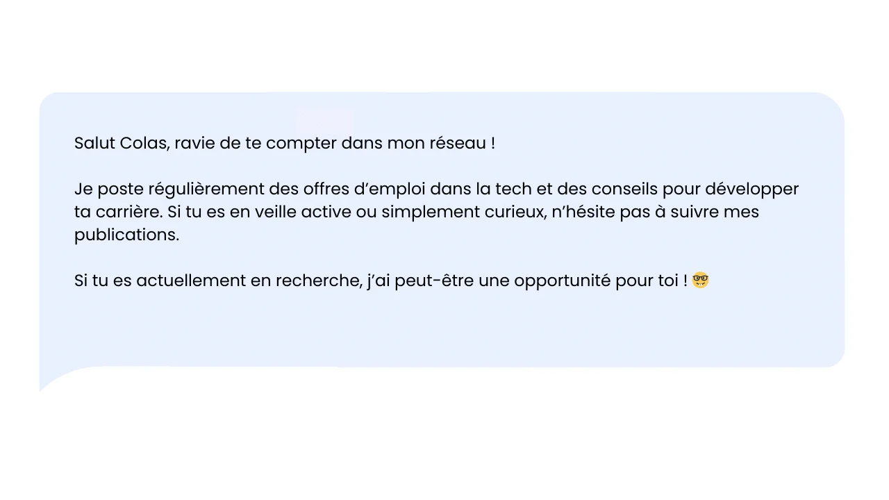 Message de bienvenue dans un réseau professionnel avec offres d'emploi et conseils