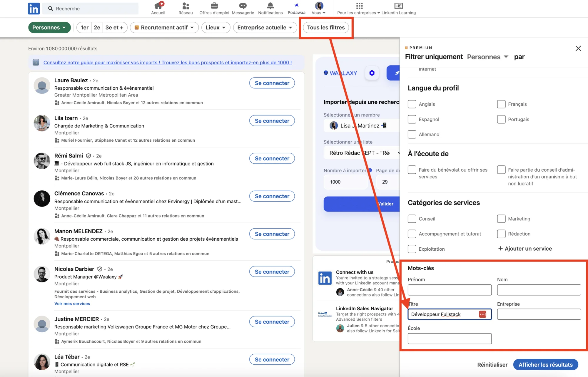Formulaire de recherche d'emploi ou candidat avec filtres activés sur LinkedIn