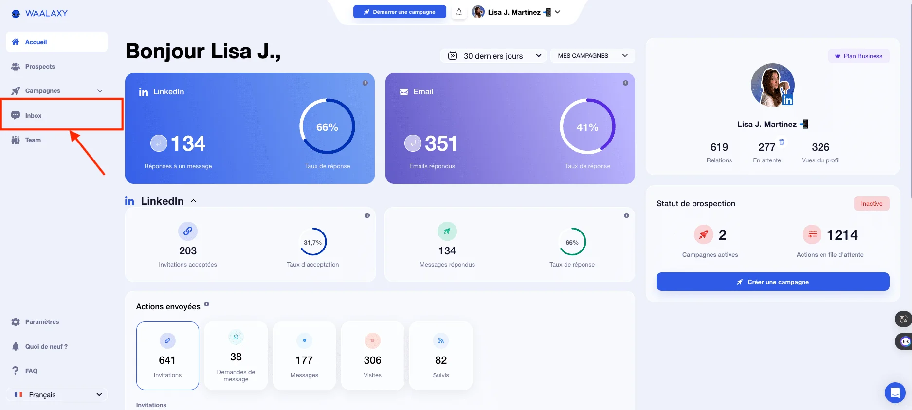 Accès Inbox Waalaxy depuis l'accueil et le dashboard de performance de campagnes.