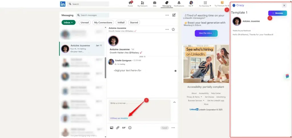 LinkedIn interface with messaging and profile in progress.