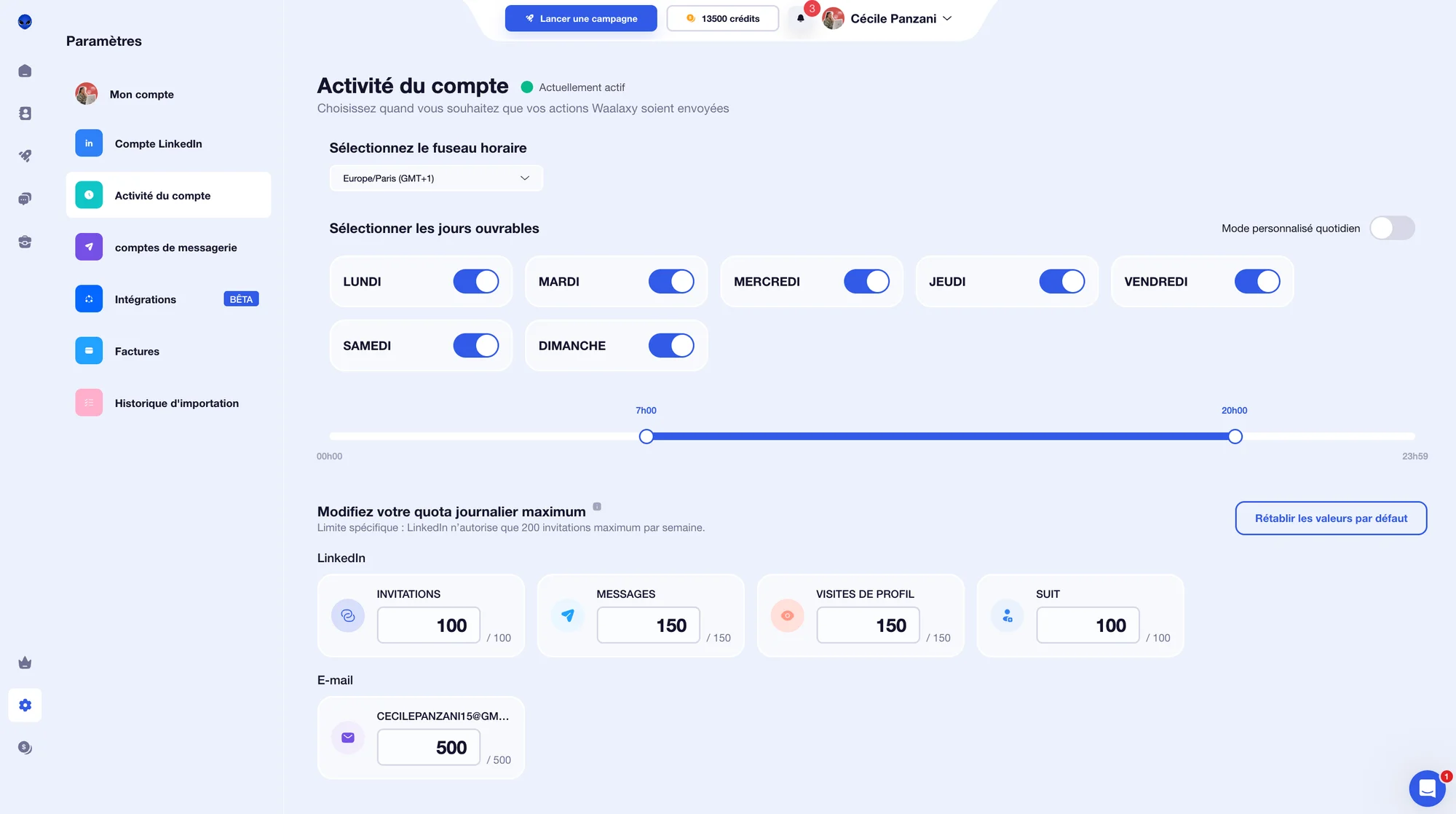Invitation LinkedIn automatique - activité du compte Waalaxy