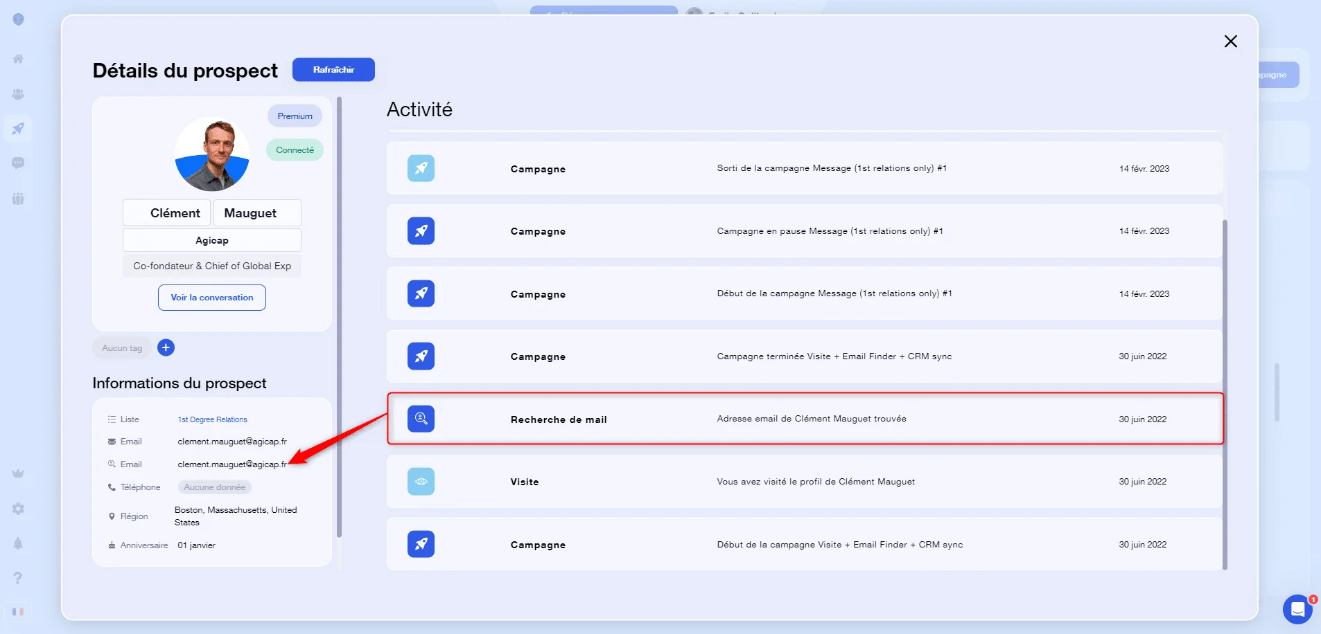 Profil prospect avec nom, email et campagnes associées