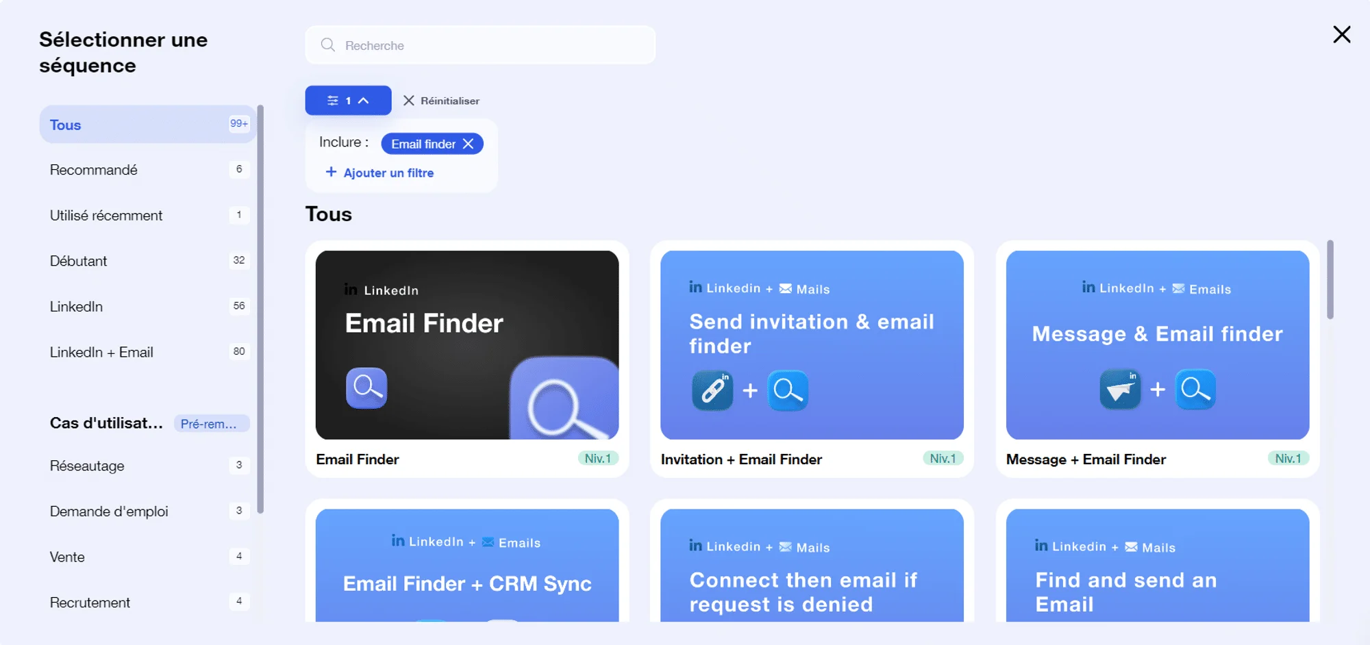 Outils de recherche d'email LinkedIn avec options Finder et Message Finder