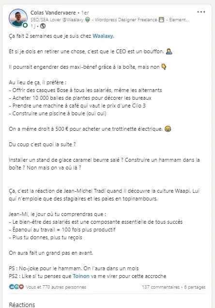 Post Facebook de Colas Vandervaeve sur les projets futurs de Waalaxy