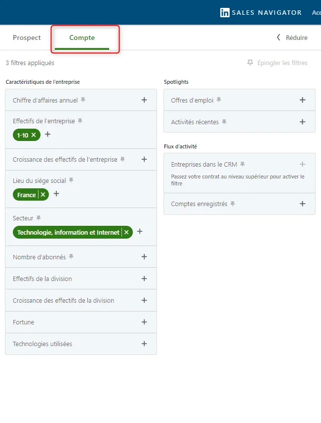 Page de filtrage LinkedIn Sales Navigator pour entreprises du secteur Tech et Internet par effectifs et technologies utilisées