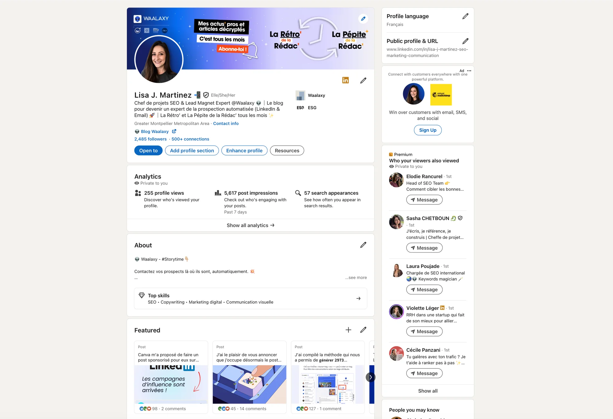 Profil LinkedIn de Lisa J. Martinez avec statistiques et options d'interaction pour cold email