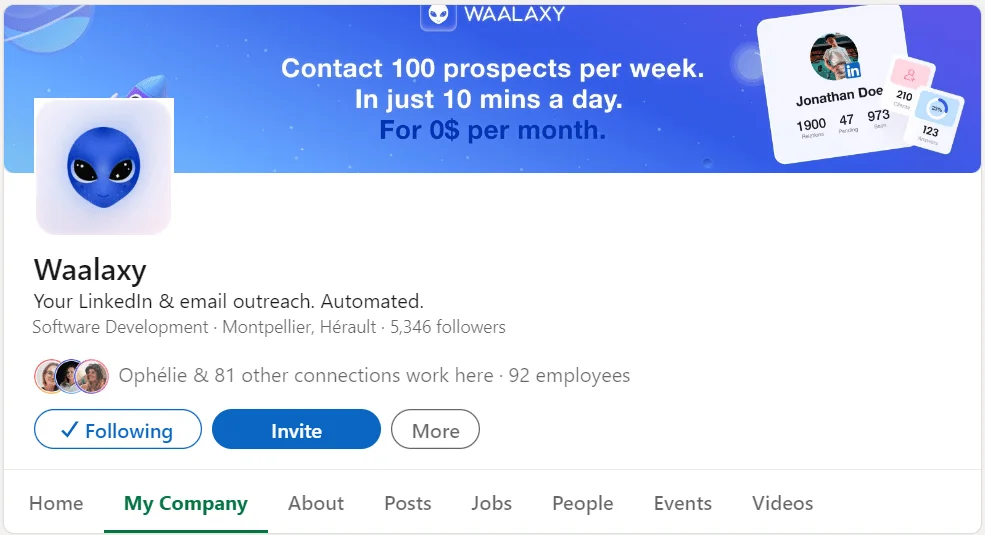 LinkedIn company page banner size example on the Waalaxy Page