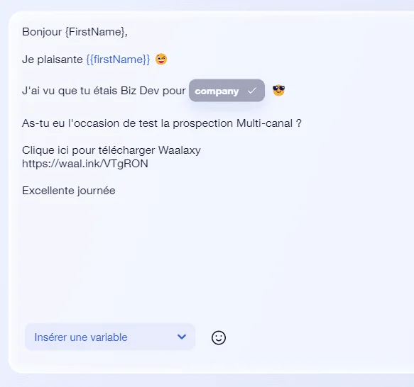 Email de prospection avec logo company, mention Biz Dev et lien de téléchargement Waalaxy