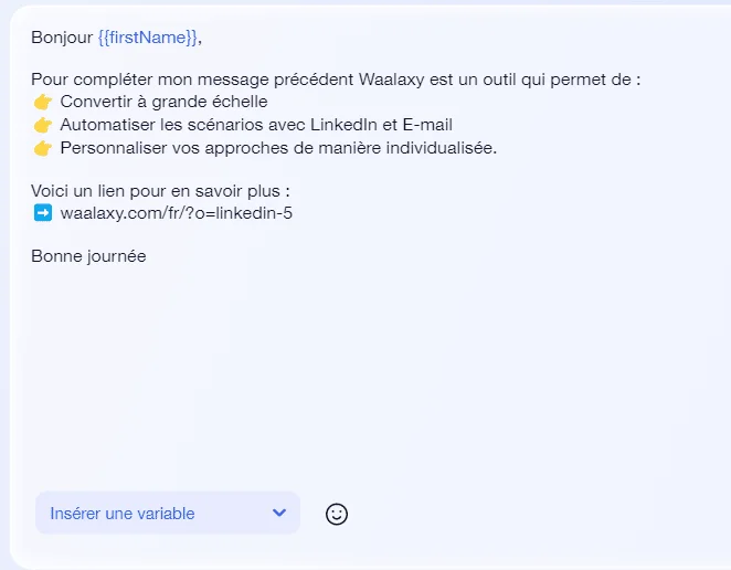 Message promotionnel montrant les avantages de Waalaxy pour la conversion, l'automatisation et la personnalisation