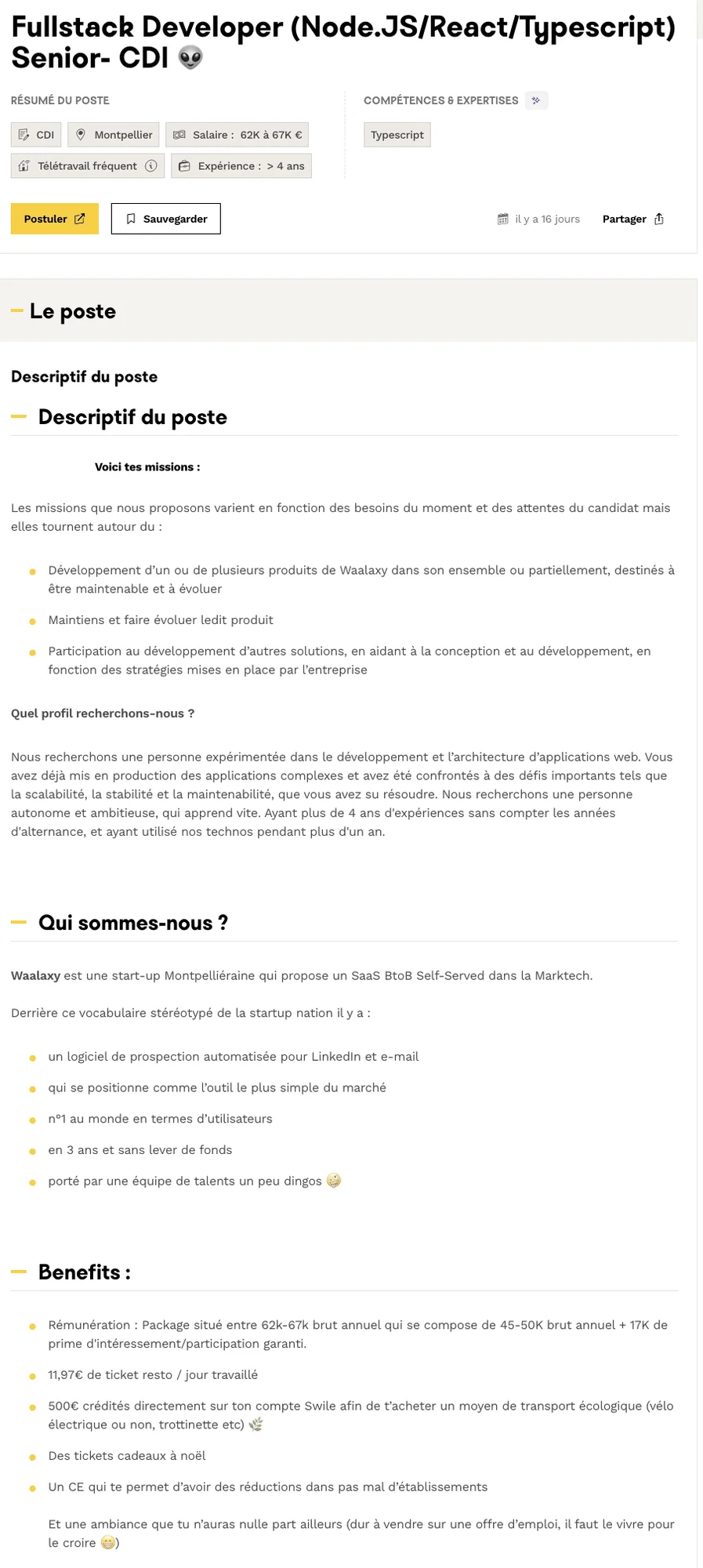 Offre d'emploi Senior Fullstack Developer Node.js/React/TypeScript en CDI