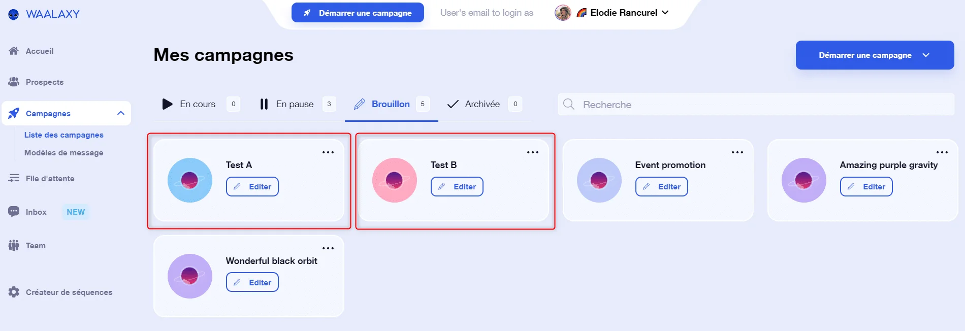 Interface WAALAXY : gestion des campagnes avec options Text A et Text B, statut actif et en cours