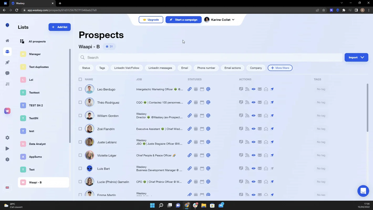Interface Waalaxy prospection leads LinkedIn
