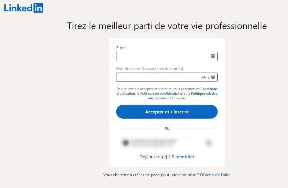 Formulaire d'inscription LinkedIn avec champs email et mot de passe