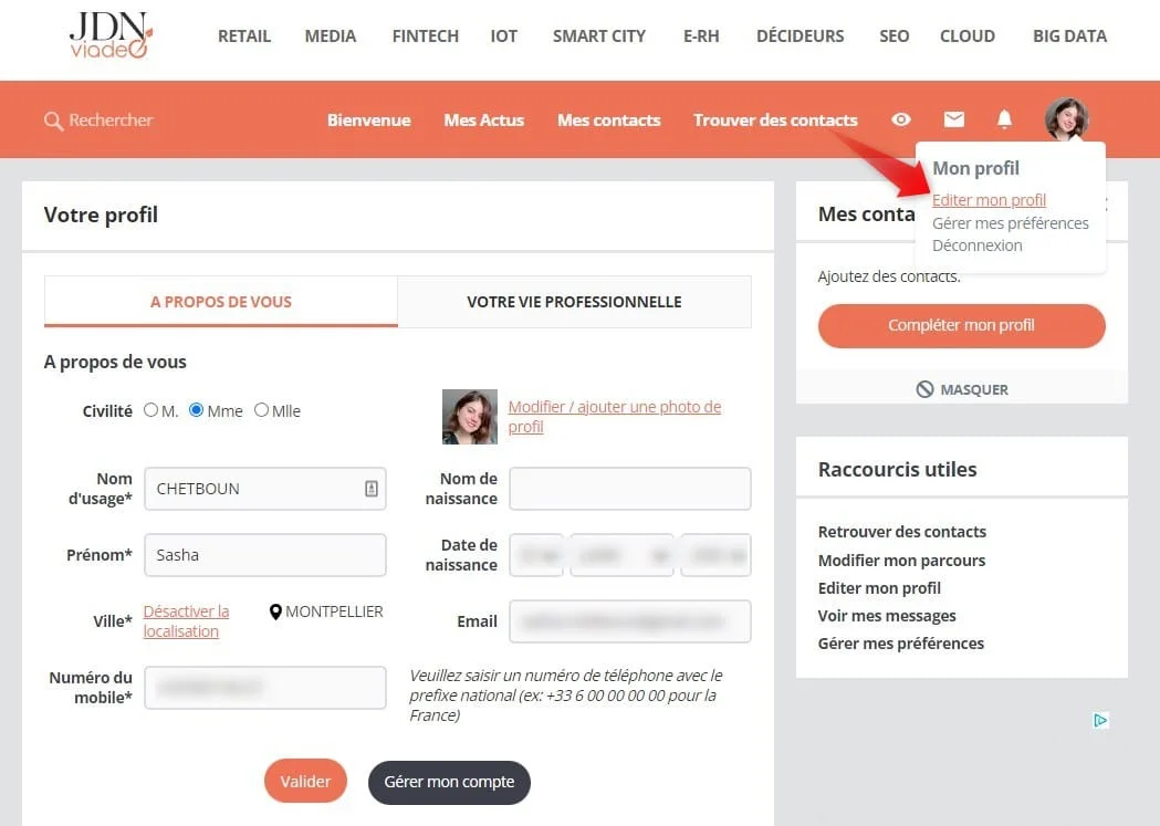 Formulaire de profil JDNvideo avec options de personnalisation et menu Mes contacts