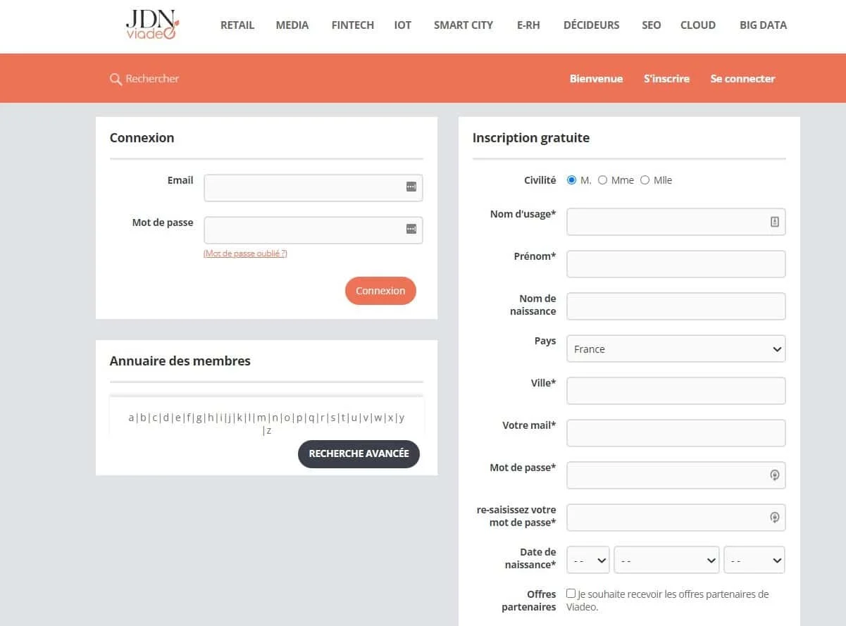 Formulaire de connexion et inscription sur le site JDN Video avec menu de rubriques thématiques