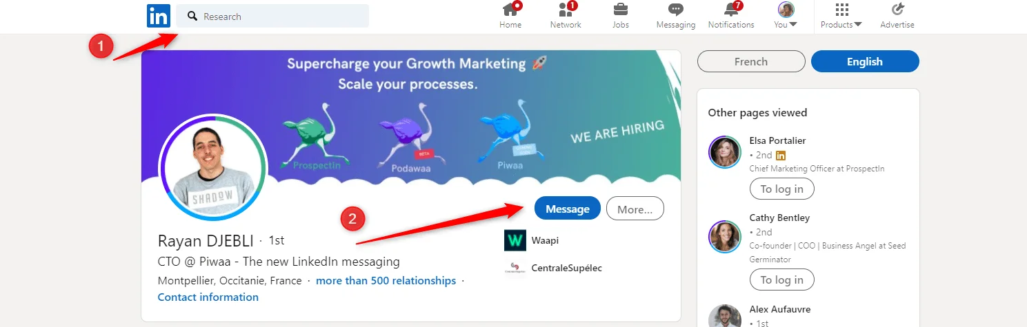 LinkedIn messaging open on a contact's profile