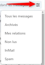 Menu déroulant de la boîte de réception LinkedIn montrant les options de filtrage des messages et conversations.