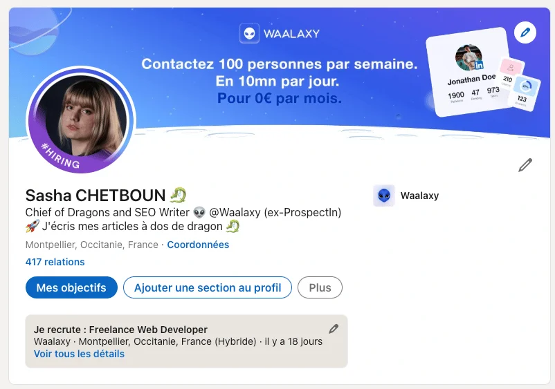 Profil LinkedIn de Sasha Chetboun, offre d'emploi Freelance Web Developer à Waalaxy