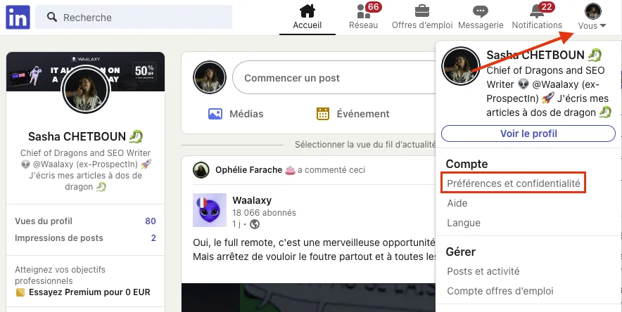 Menu Compte ouvert sur les options de préférences et confidentialité LinkedIn