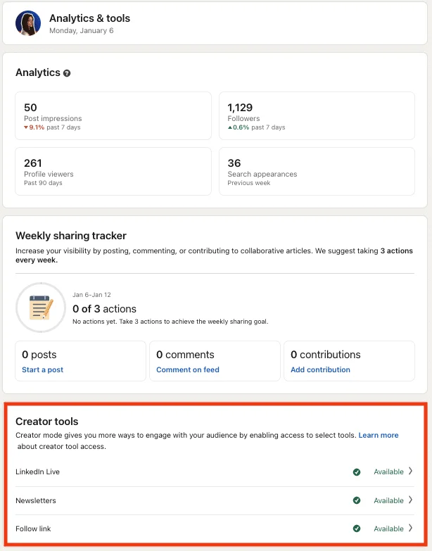 Acceso a las herramientas de creación de contenidos de LinkedIn.