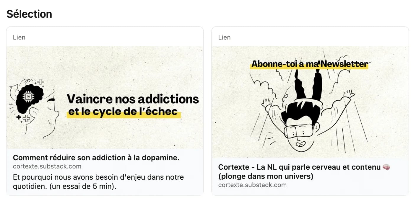 Sélection de deux articles de newsletter sur les addictions et la dopamine, avec illustrations et appels à l'abonnement.