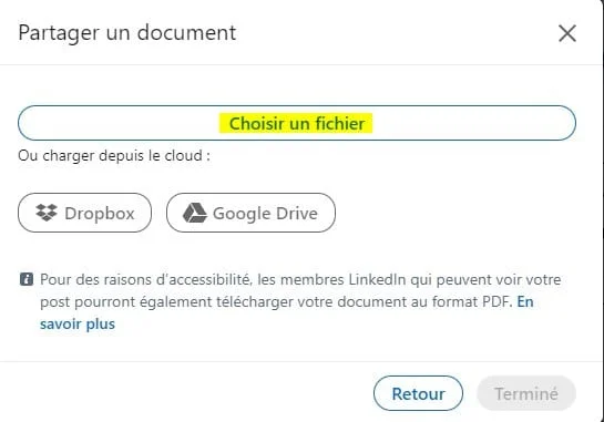 Interface de partage de documents avec options Dropbox et Google Drive