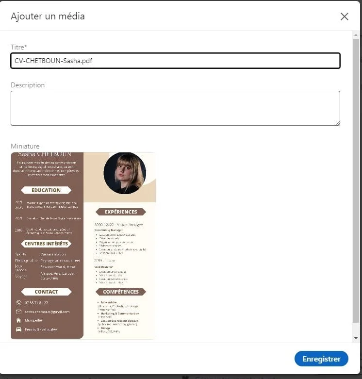 Interface d'upload d'un fichier CV au format PDF nommé "CV-CHETBOUN-Sasha.pdf"