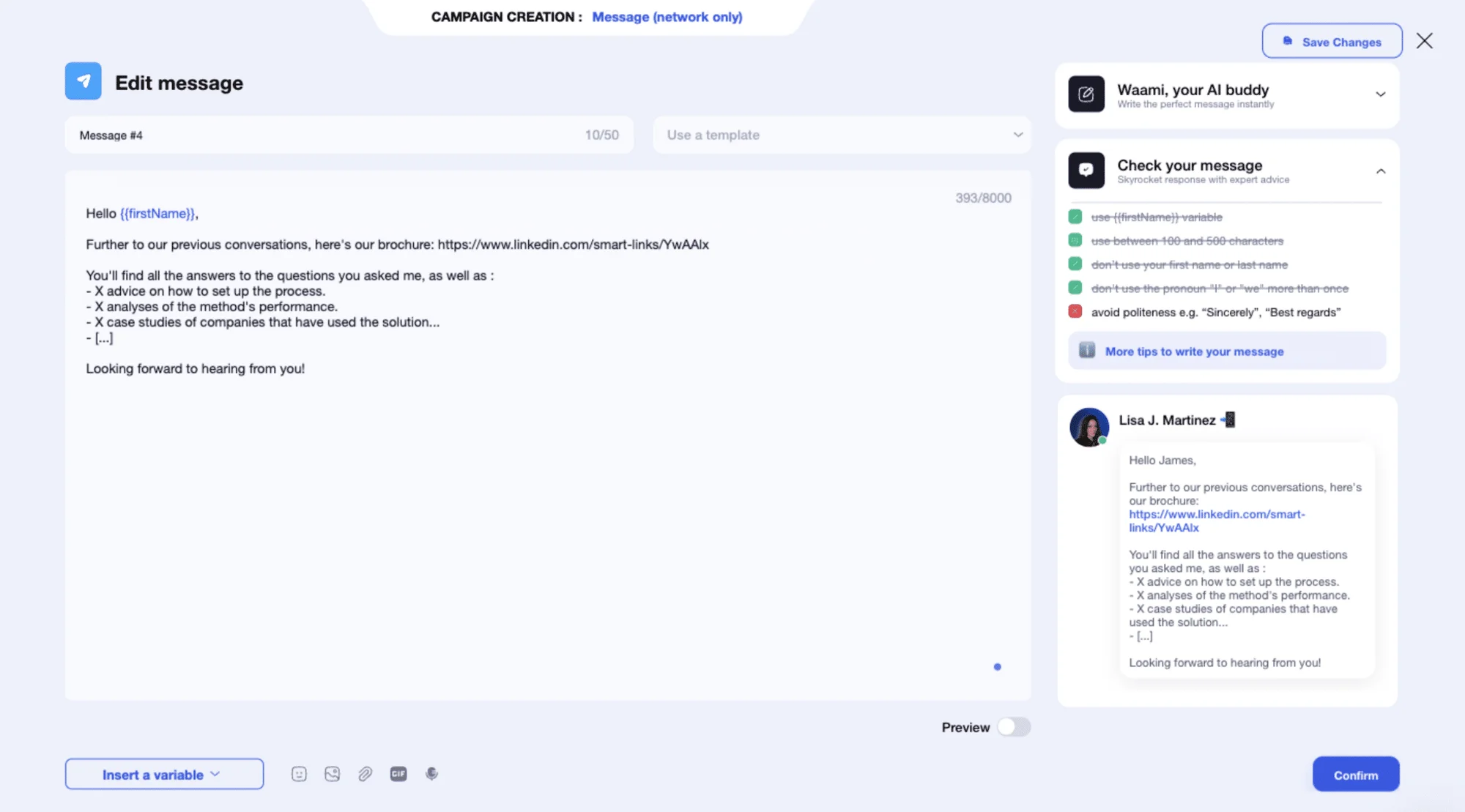 Esempio di link intelligenti in un messaggio LinkedIn con Waalaxy.