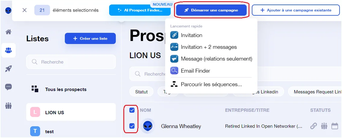 Interface LinkedIn affichant une liste de prospects avec options de gestion de campagnes