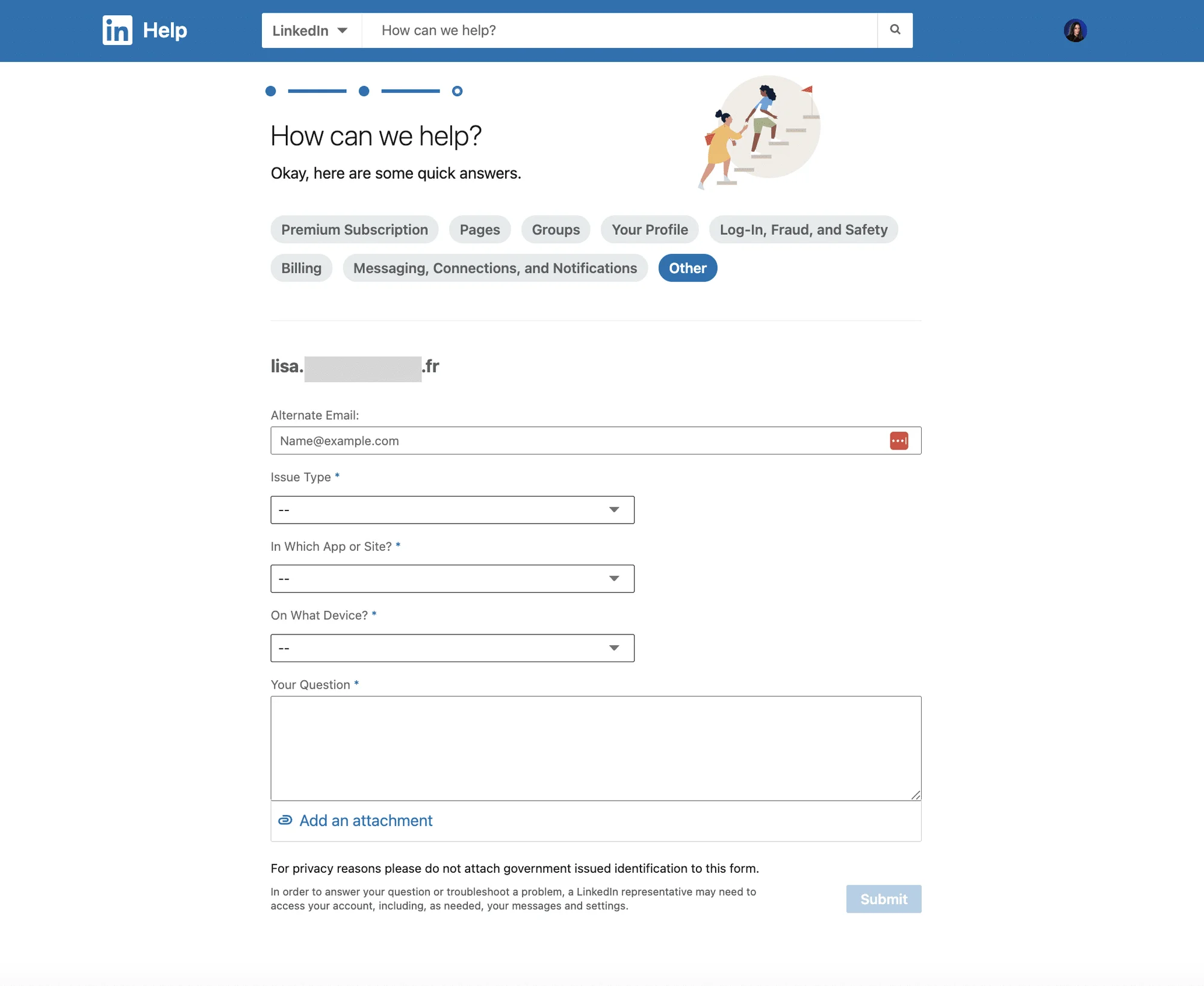 Contact LinkedIn via a LinkedIn Help form