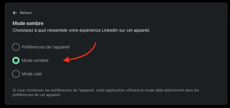 Paramètres d'apparence avec Mode sombre activé