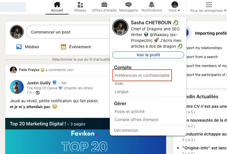 Menu des paramètres de compte avec option Préférences et confidentialité sélectionnée sur Facebook