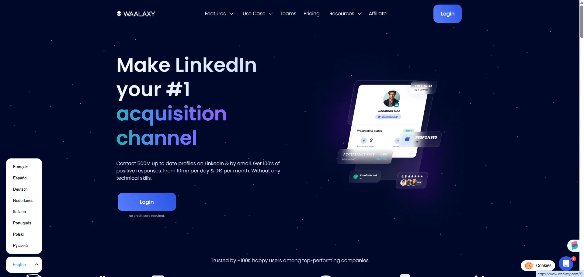 Interface de connexion Waalaxy pour optimiser LinkedIn en canal d'acquisition