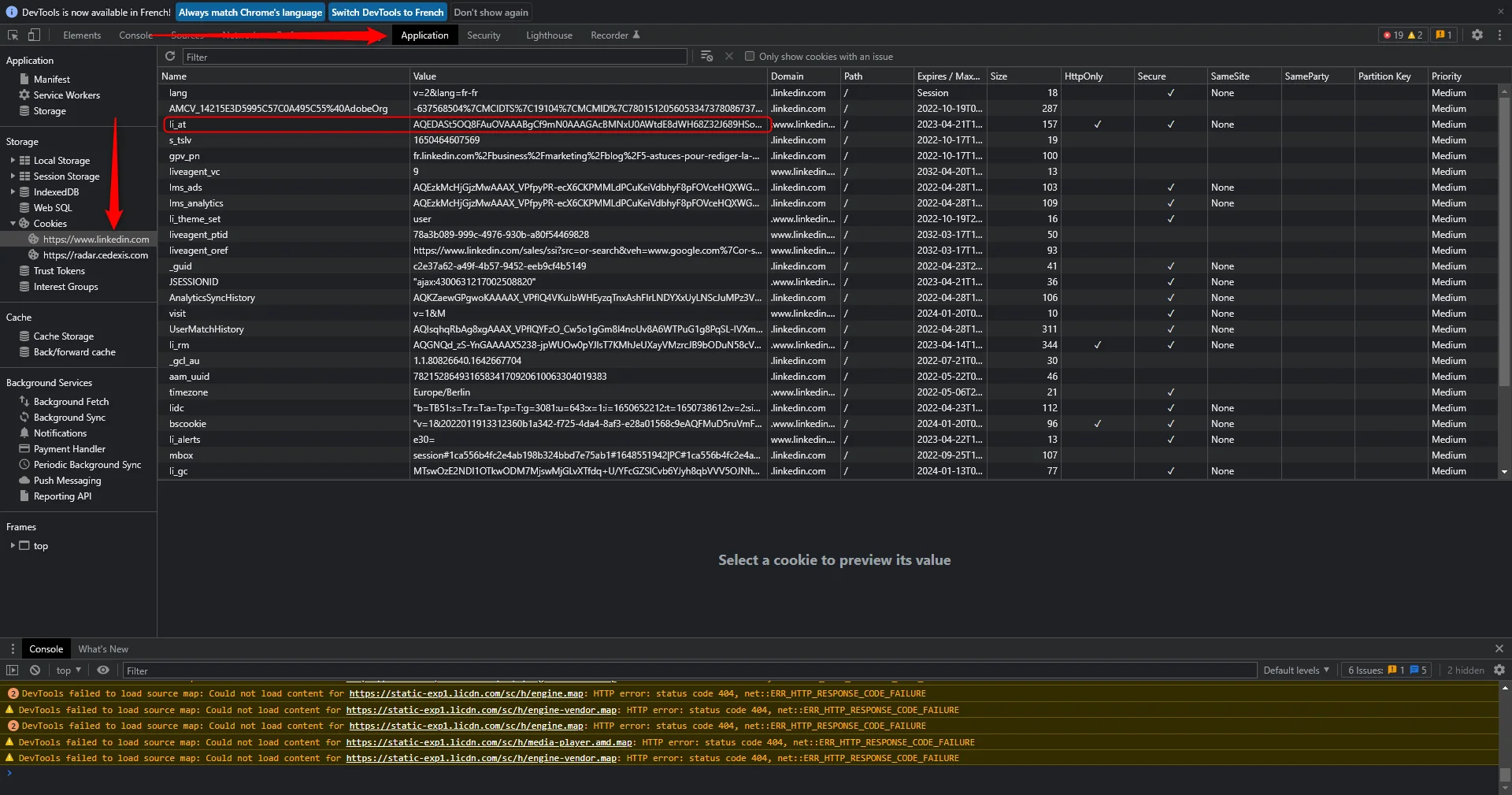 Chrome DevTools cookies LinkedIn Waalaxy