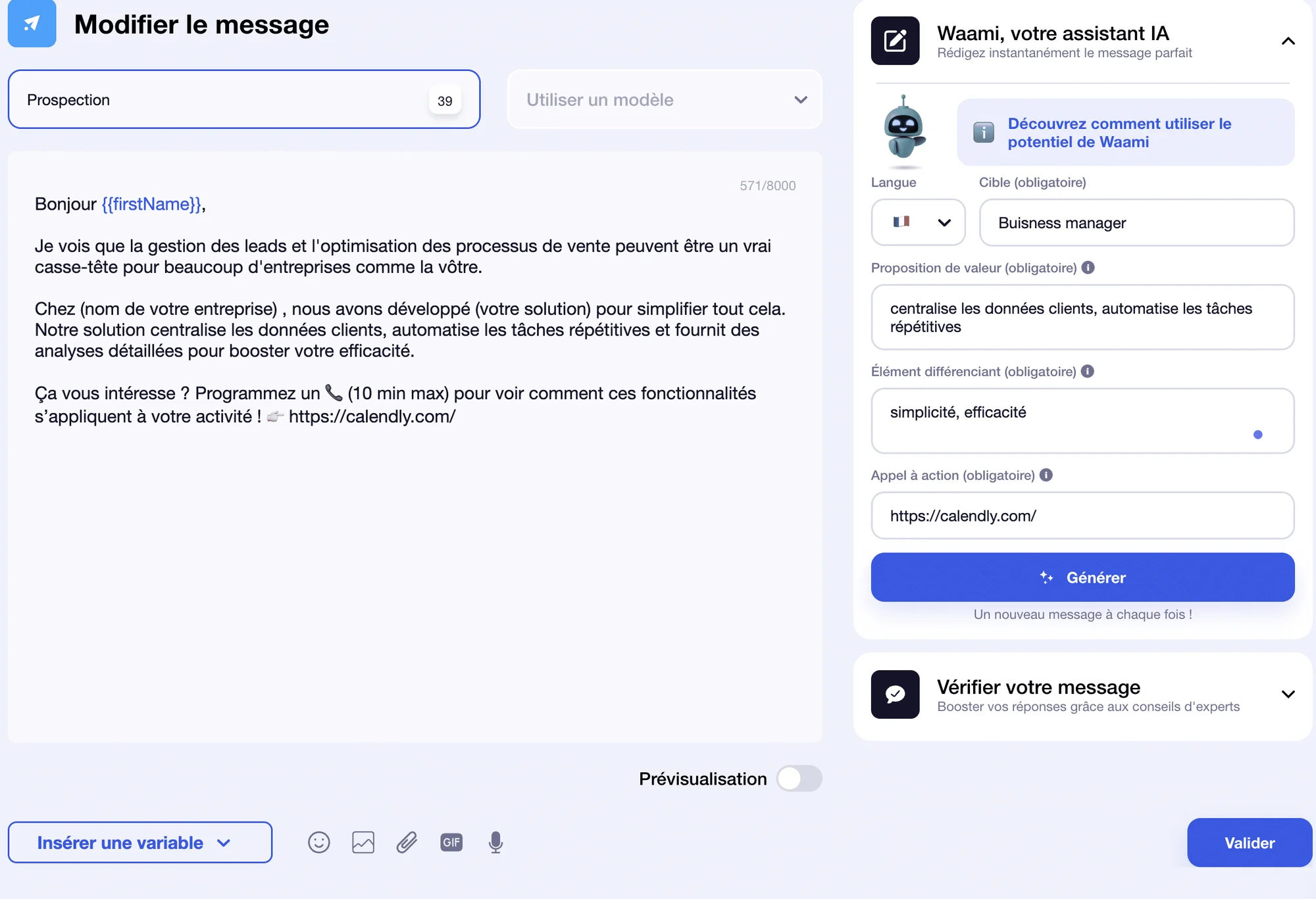 Voorbeeld van gepersonaliseerde LinkedIn prospectie-email gegenereerd door Waami AI