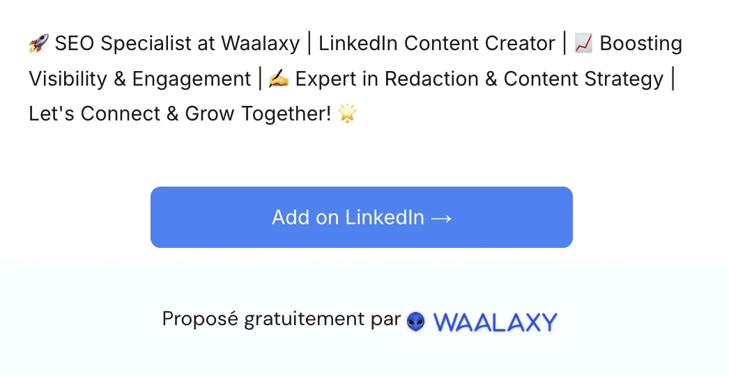 Générateur de titres LinkedIn avec Waalaxy montrant des exemples de résultats optimisés