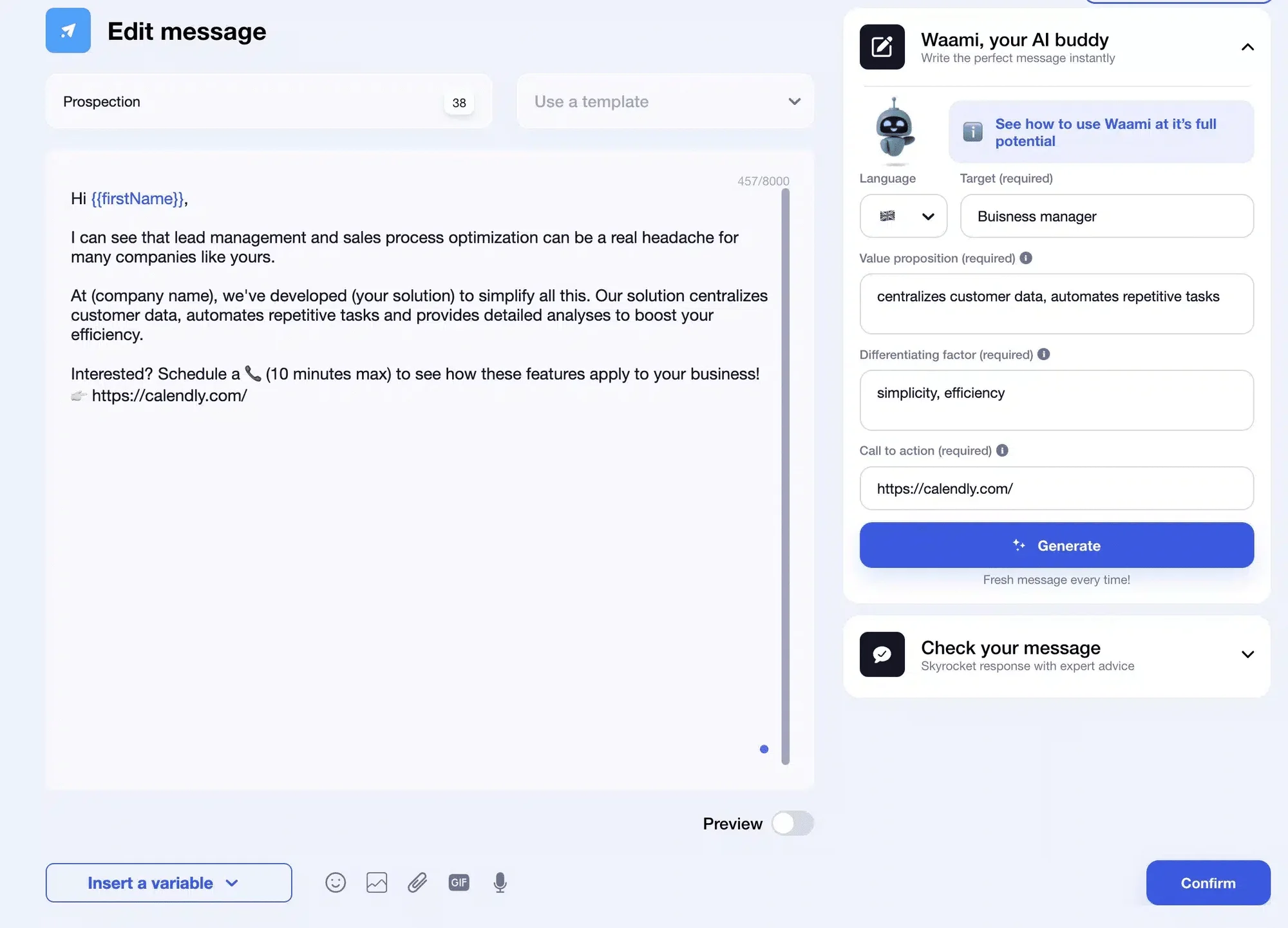 Automatice sus mensajes de prospección, seguimientos y respuestas con Waami AI de Waalaxy.
