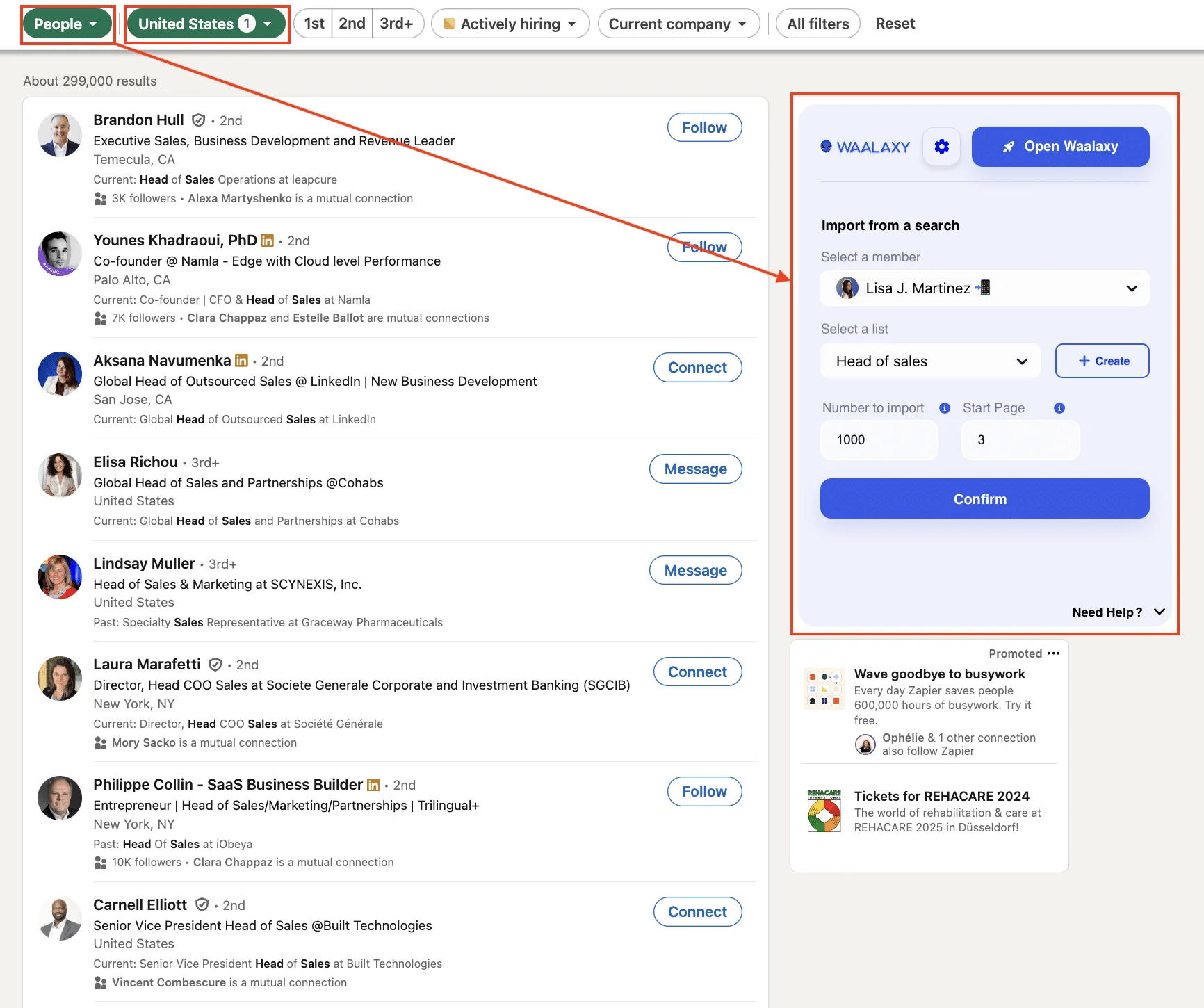 Buscar e importar clientes potenciales de LinkedIn a Waalaxy.
