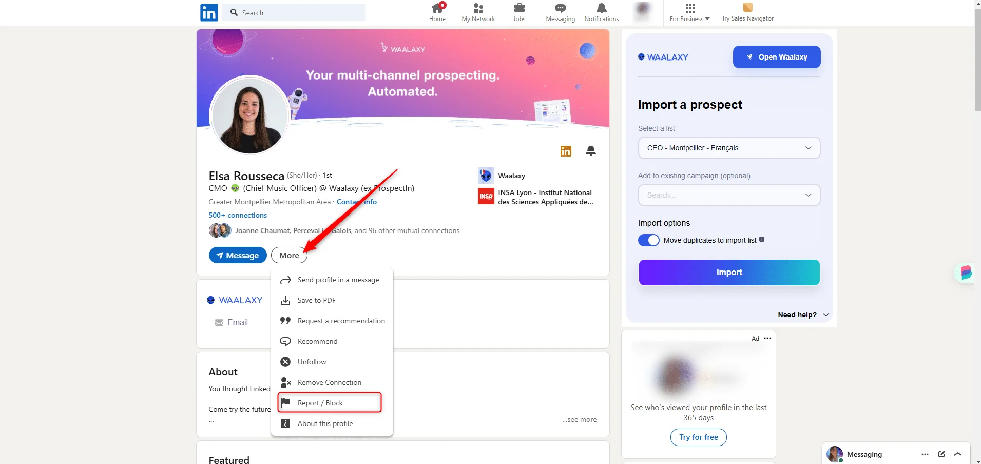 Profil LinkedIn avec menu de messagerie et bouton d'import pour la prospection automatisée