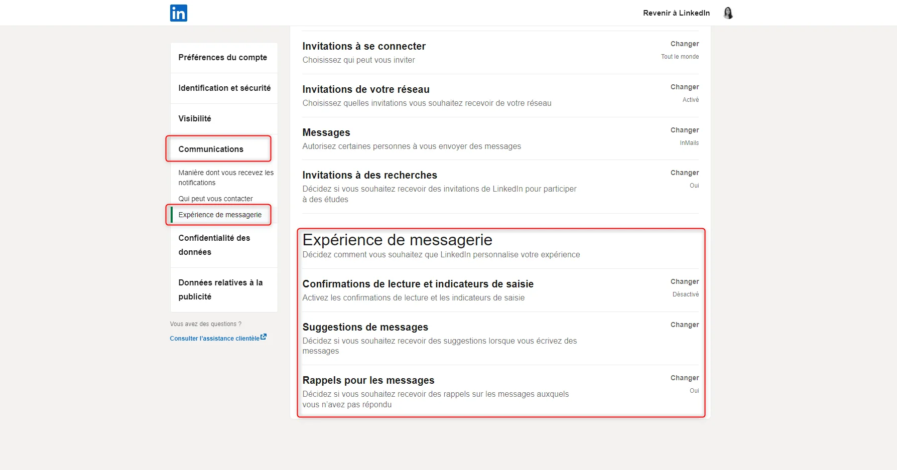 Paramètres de messagerie : options d'espacement et taille des messages