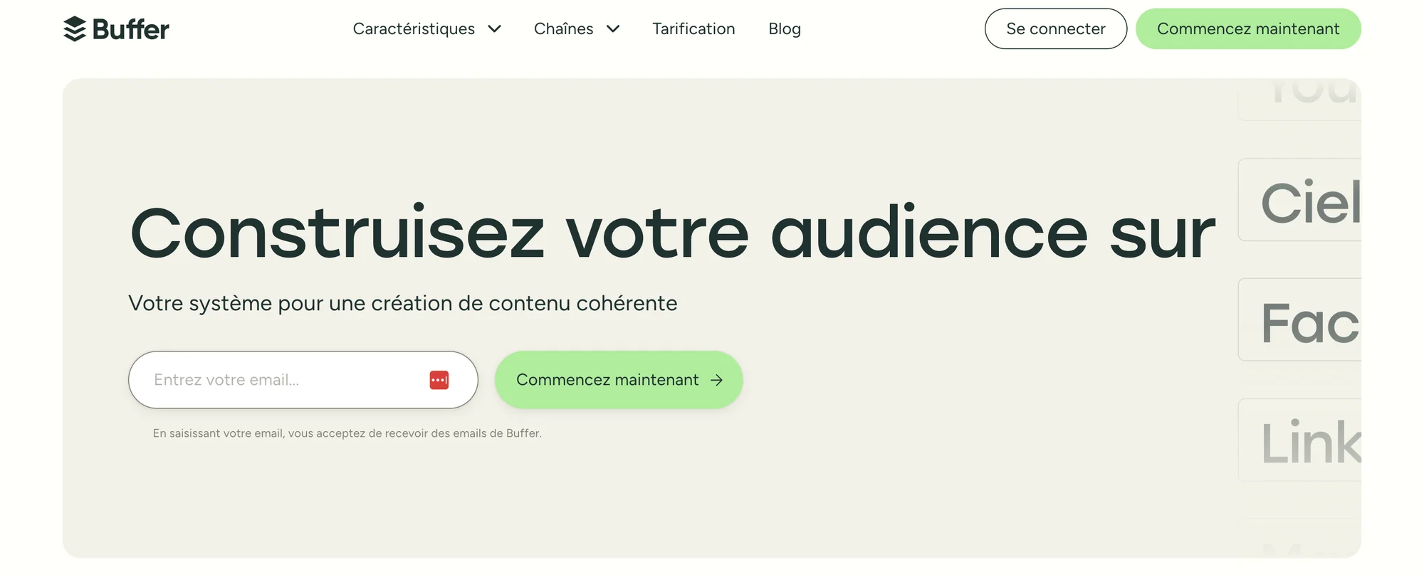 Page d'accueil Buffer avec formulaire d'inscription pour construire votre audience sur les réseaux sociaux