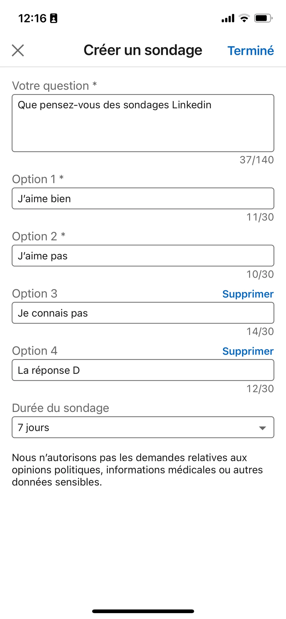 Sondage LinkedIn avec trois options de réaction (J'aime bien, Je connais pas, J'aime pas) configuré pour une durée de 7 jours