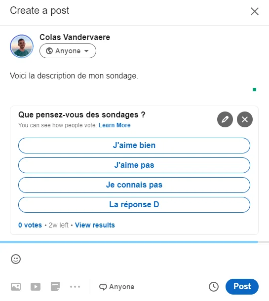 Sondage Facebook humoristique sur l'opinion des sondages avec réponse absurde "La réponse D"