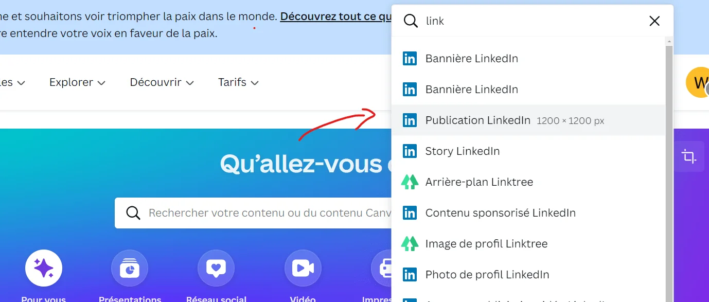 Menu déroulant LinkedIn pour sélectionner le type de publication